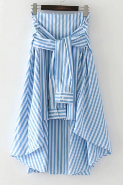 Knotted Ribbons Striped Printed High Low Hem Midi Asymmetrical Skirt