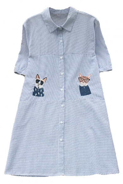 Lapel Collar Short Sleeve Cute Cartoon Printed Buttons Down Striped Shirt Dress