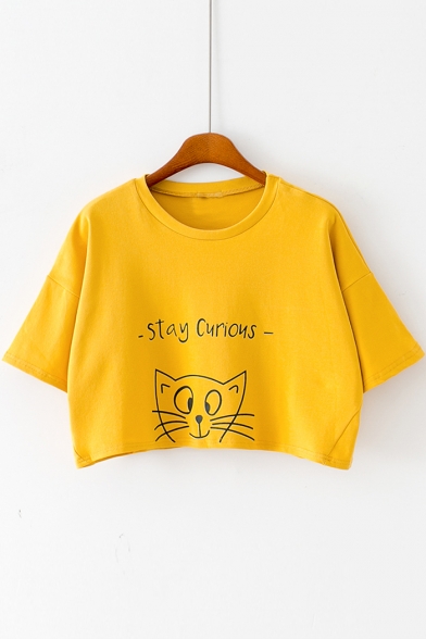 Lovely Cat Letter Printed Round Neck Short Sleeve Cropped T-Shirt