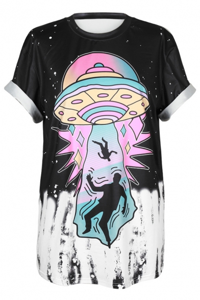 New Arrival Fashion UFO Pattern Round Neck Short Sleeve Casual Tee
