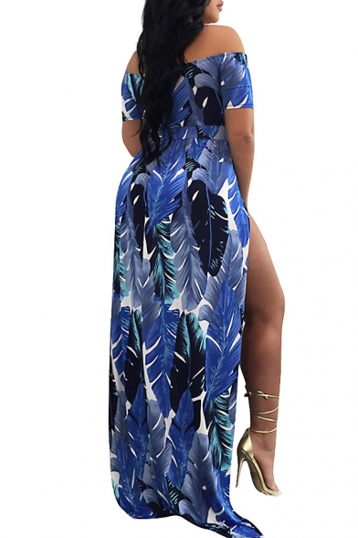 New Fashion Square Neck Short Sleeve Feather Printed Rompers with Slit Swing Back