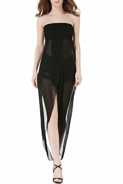 New Stylish Split Front Sheer Sleeveless Strapless Plain Maxi Tube Dress