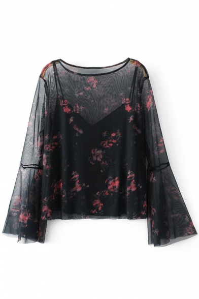 Round Neck Bell Sleeve Floral Printed Sheer Blouse with Cami Top
