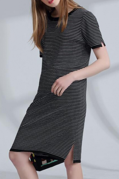 Round Neck Short Sleeve Striped Printed Split Side Midi T-Shirt Dress