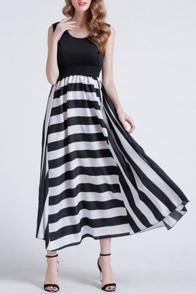 Summer Sleeveless Striped Color Block Round Neck Maxi T-Shirt Dress