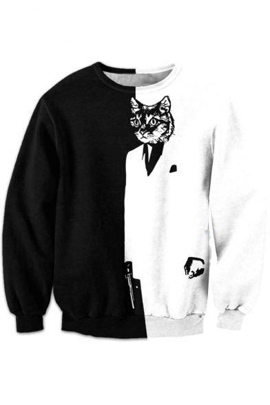 Color Block Cartoon Cat Printed Round Neck Long Sleeve Fashion Sweatshirt
