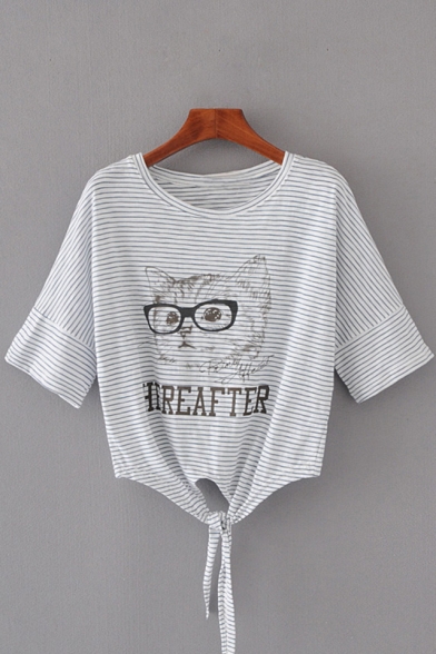 Cute Cat Letter Printed Striped Tied Hem Casual Tee