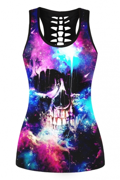 Galaxy Skull Printed Scoop Neck Hollow Out Back Sports Tank Top
