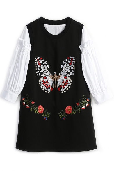 Lantern Sleeve Plain Shirt Butterfly Embroidered Tank Dress Two-Piece Dress