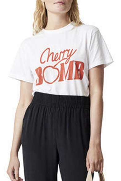 Letter CHERRY Printed Round Neck Short Sleeve Stylish Pullover T-Shirt
