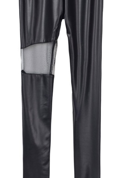 New Fashion Sheer Mesh Leather Patched Plain Skinny Leggings