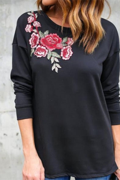 Round Neck Long Sleeve Floral Embroidered Shoulder Pullover T-Shirt