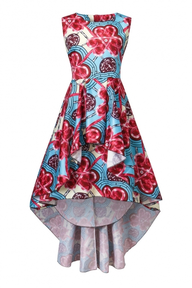 Round Neck Sleeveless Floral Printed High Low Hem Flared Asymmetrical Tank Dress