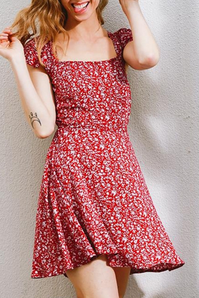 Summer's Backless Cap Sleeve Square Neck Floral Printed A-Line Mini Tea Dress