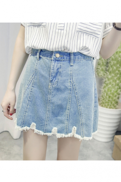 Summer's High Waist Ripped Fringe Trim Mini A-Line Denim Skirt