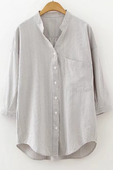 V Neck 3/4 Sleeve Striped Printed Buttons Down High Low Hem Shirt with Single Pocket
