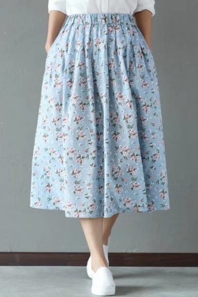 Vintage Floral Printed Elastic Waist Midi Tea Skirt with Pockets