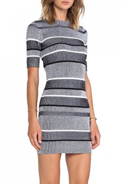 Color Block Striped Printed Round Neck Short Sleeve Pencil Mini Knit Dress