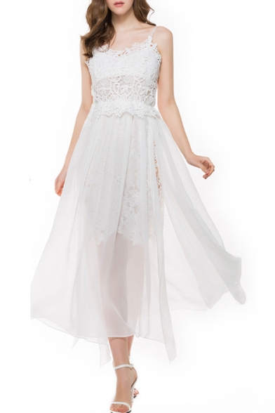 Elegant Sleeveless Lace Chiffon Patchwork Split Side Plain Midi Cami Dress