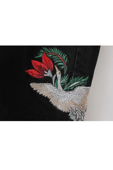 Floral Crane Embroidered Black Skinny Jeans