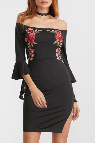 Floral Embroidered Flared Sleeve Off The Shoulder Sexy Split Side Bodycon Mini Dress