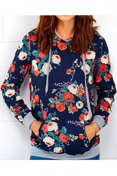 Hot Fashion Vintage Floral Printed Long Sleeve Hoodie with Pockets