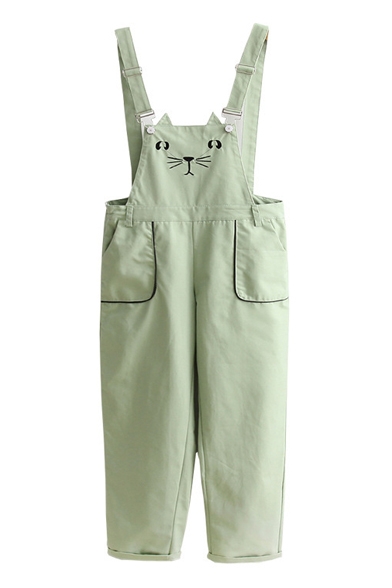 Lovely Cartoon Cat Embroidered Leisure Capri Overalls with Pockets