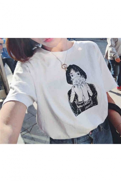 New Arrival Girl Cat Printed Round Neck Short Sleeve Leisure Graphic Tee