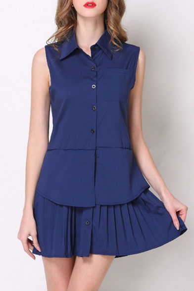 New Arrival Lapel Single Breasted Sleeveless False Two Pieces Pleated Dress