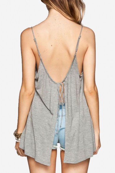 Slit Tie Up Back Sexy Spaghetti Straps Plain Casual Leisure Cami Top