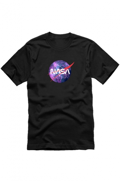 Space Letter Printed Round Neck Short Sleeve Stylish Galaxy Pullover Tee
