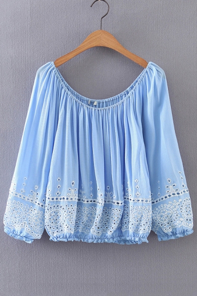 Boat Neck Long Sleeve Hollow Out Embroidered Loose Pullover Blouse
