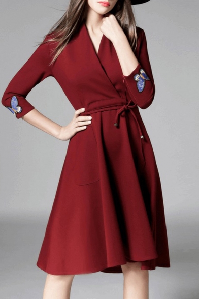 Elegant Chic Embroidery Butterfly 3/4 Length Sleeve High Low Plain Wrap Dress