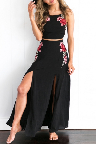 Fashion Spaghetti Straps Cropped Top with Split Front Skirt Embroidery Floral Pattern Co-ords
