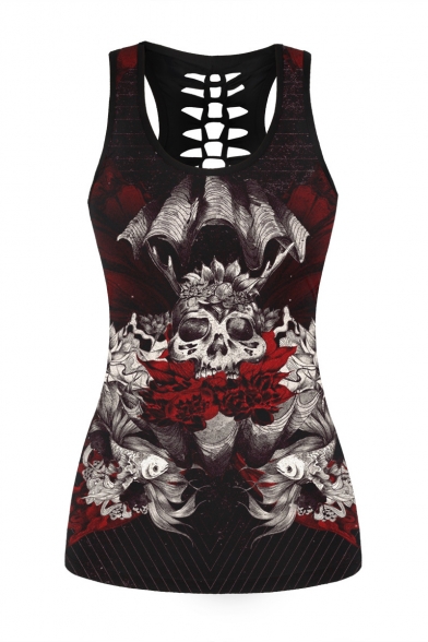 Hot Fashion Skull Queen Printed Scoop Neck Hollow Out Back Sports Tank
