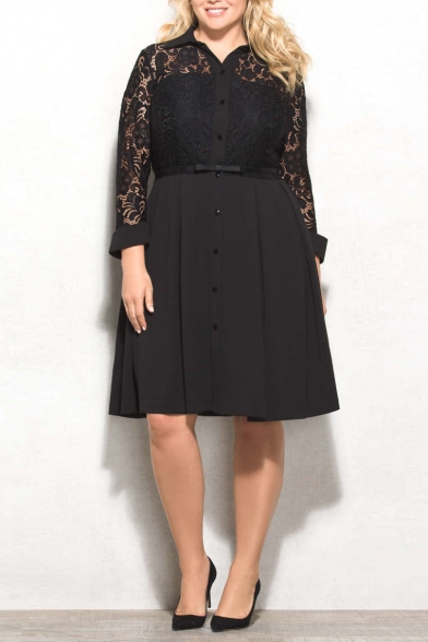 Lapel Collar Long Sleeve Buttons Down Lace Inserted Oversize Midi Dress