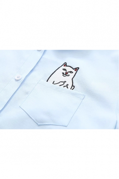 Lapel Collar Long Sleeve Cartoon Cat Printed Pocket Buttons Down Shirt