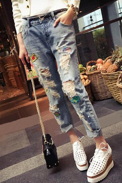 Mid Waist Ripped Cut Out Patched Casual Leisure Jeans
