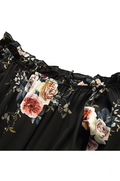 Off The Shoulder Half Sleeve Retro Floral Printed Tie Waist High Low Hem Asymmetrical Dress