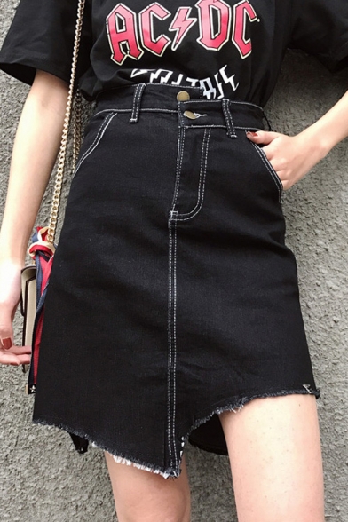 Retro Contrast Stitching A-Line Mini Denim Skirt Asymmetrical Skirt