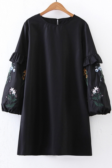 Round Neck Lantern Sleeve Ribbons Cuff Floral Embroidered Mini Shift Dress