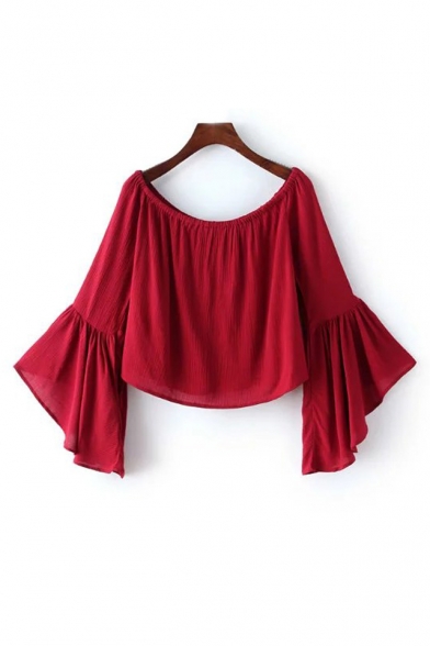 Sexy Off the Shoulder Bell Long Sleeve Plain Cropped Blouse