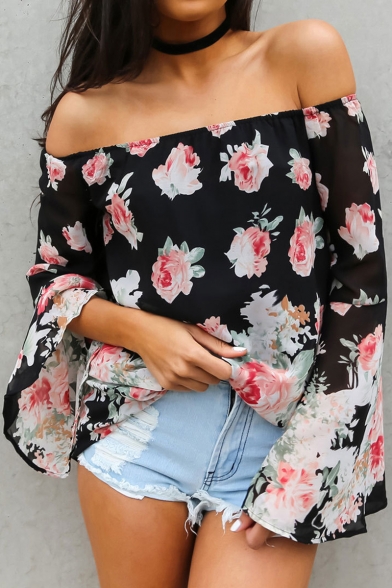 Sexy Off the Shoulder Floral Printed Bell Long Sleeve Chiffon Blouse