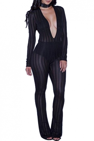Sexy Plunge V-Neck Striped Sheer Long Sleeve Plain Jumpsuits