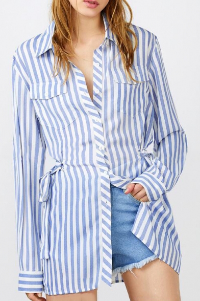 Stylish Bow Side Lapel Collar Long Sleeve Striped Printed Leisure Shirt with Pockets