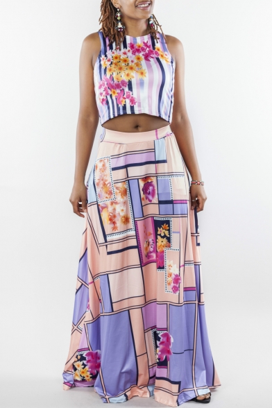 Women's Floral Printed Color Block Sleeveless Tee with Maxi Skirt