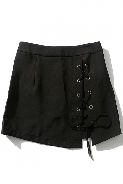 Women's Grommet Lace-Up Zip Back Plain Mini Skirt