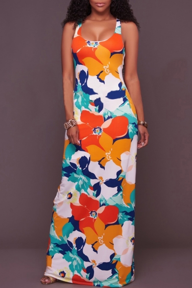 Women's Scoop Neck Crisscross Back Floral Color Block Printed Sleeveless Maxi Dress