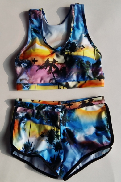 Coconut Palm Printed Cropped Tank Top More Coverage Shorts Tankini Swimwear