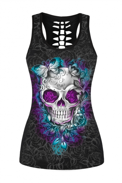 Hollow Out Back Butterfly Skull Printed Scoop Neck Fitted Tank Top